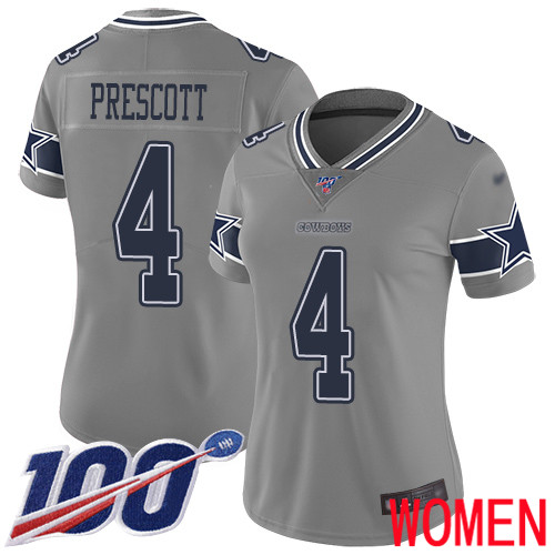 Women Dallas Cowboys Limited Gray Dak Prescott #4 100th Season Inverted Legend NFL Jersey->nfl t-shirts->Sports Accessory